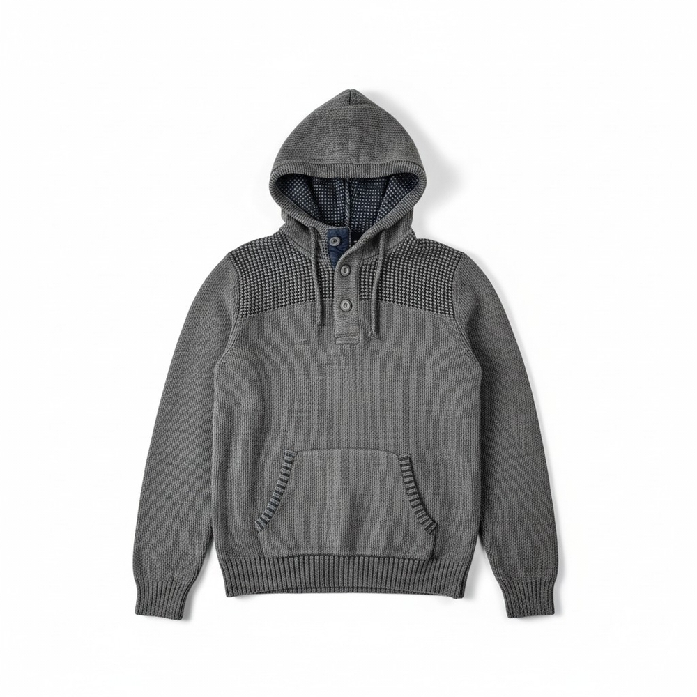 Retrofit Gray Knit Hoodie Sweater Mens Medium Button Neck Pullover